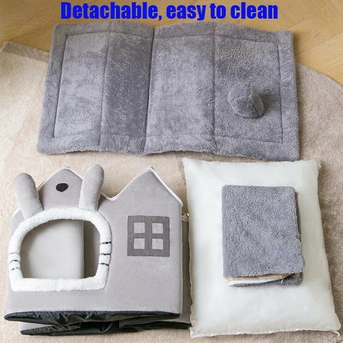 Casita de Peluche para Mascotas con Techo Removible – Cálida y Lavable